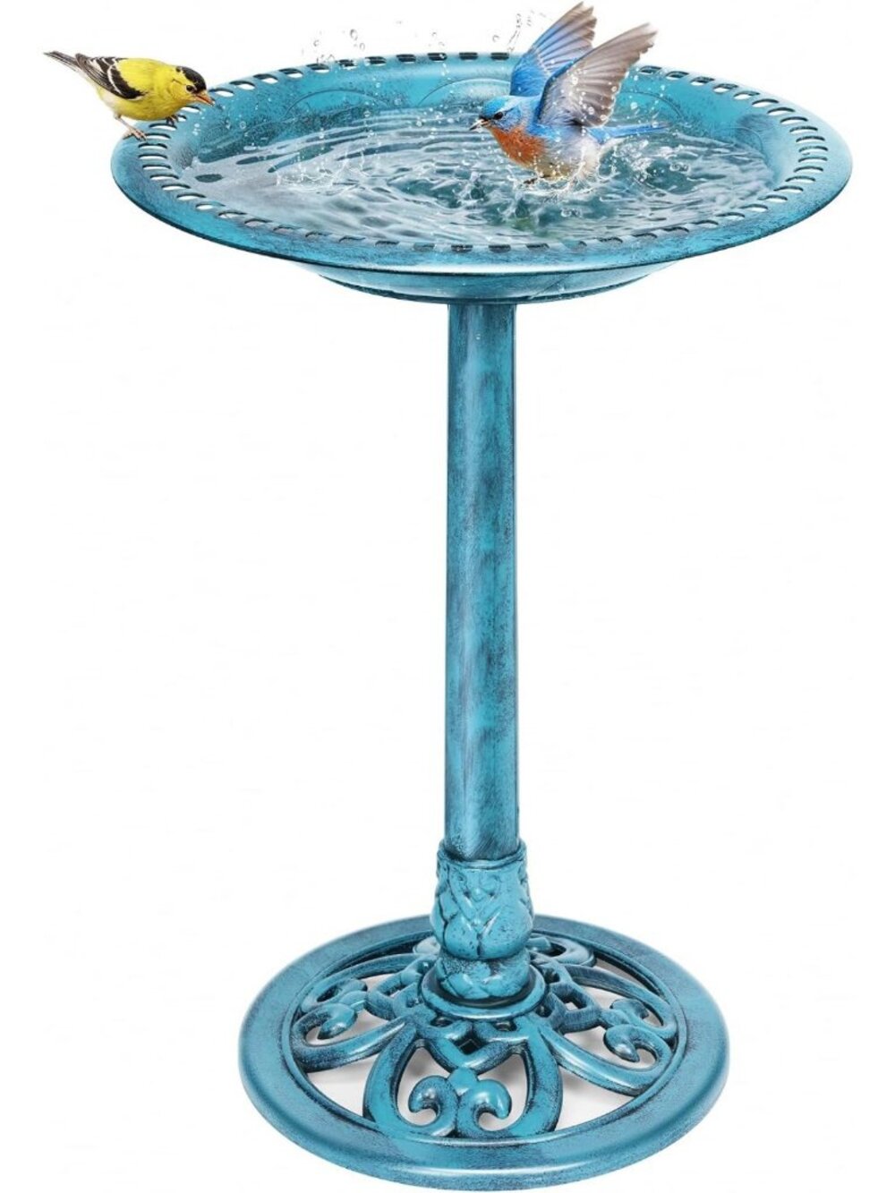 Outdoor Bird Bath - Polyresin Pedestal Design, Decorative Blue Garden Feature